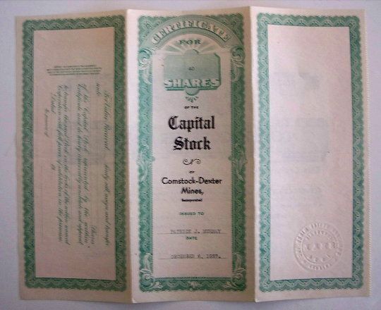 Comstock Dexter Mines Mining Stock Certificate 1937 AZ