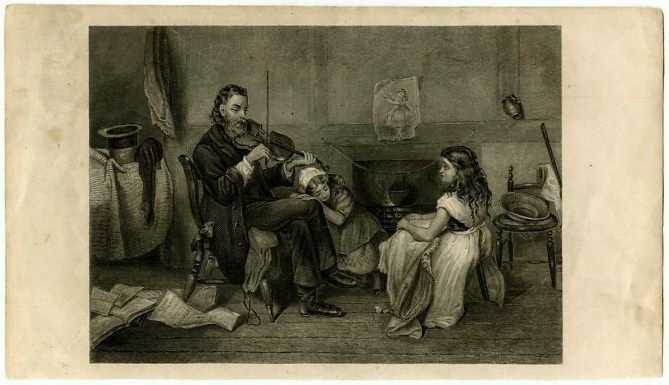 VIOLINIST AND DAUGHTERS by W G Frith 19th c Steel Engraving Victorian