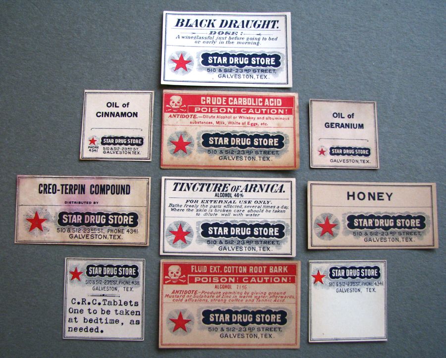 10 DIF old GALVESTON TEXAS TX druggist poison & medicine labels STAR