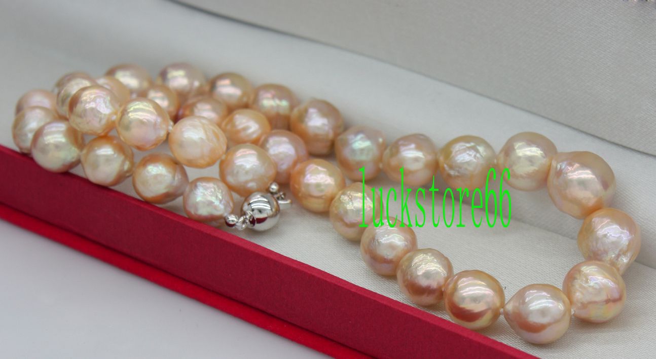 GENUINE GORGEOUS 12.9MM PINK GOLDEN FLAMEBALL PLATINUM FURROW PEARL