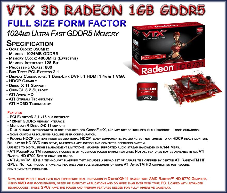  Radeon HD 6770 1GB GDDR5 PCIe HDMI DVI VGA Gaming Graphics Card