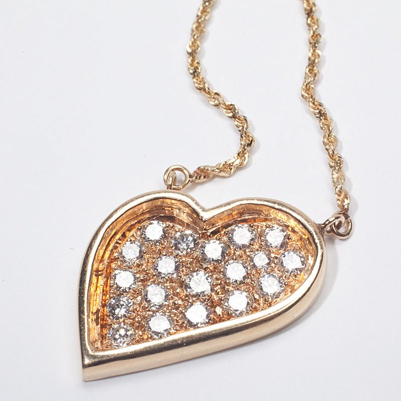 Yellow Gold Diamond Heart Pendant Necklace Estate Fine Jewelry