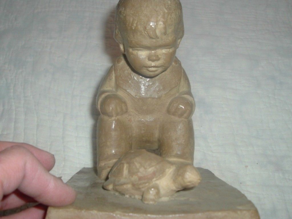 Vintage 1970s Haeger Art Pottery Sculpture Boy with Turtle Figurine