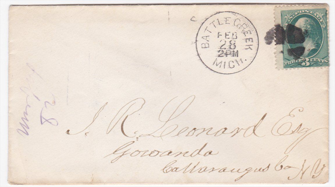 Battle Creek MI to Gowanda NY 1882 Cover