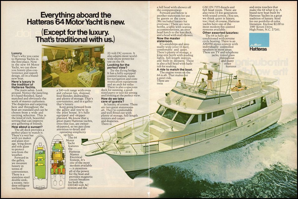   page 1976 magazine print advertisement for Hatteras 64 MotorYacht