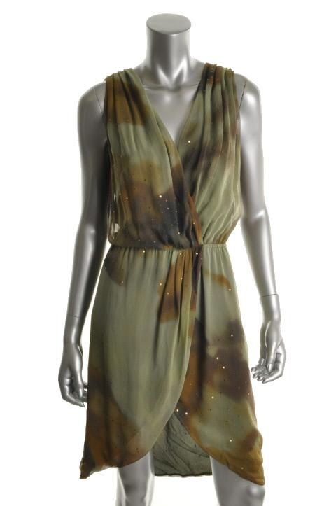 Haute Hippie New Green Sequined Silk Sleeveless Wrap Casual Dress M