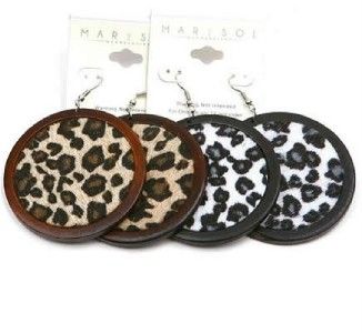 Animal Print Cheetah Black White Brown Wood Dangle Earrings