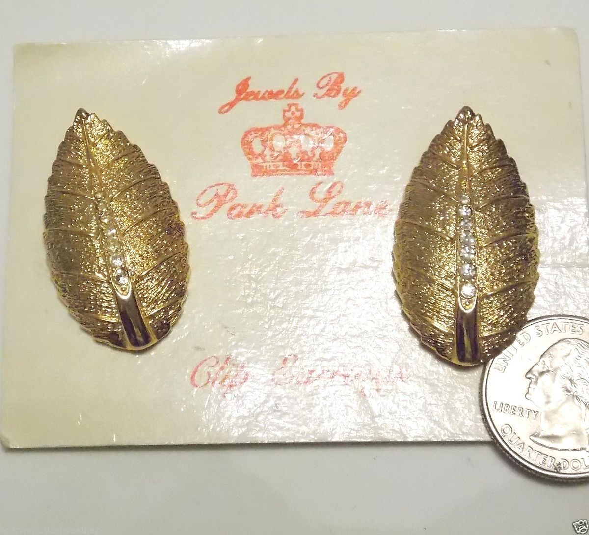 Vintage Signed PARK LANE Goldtone Rhinestone Leaf Clip Earrings New on