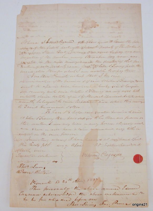 1837 Boston and Hingham Steam Boat Co Shares Legal Doc Whiton Feaning