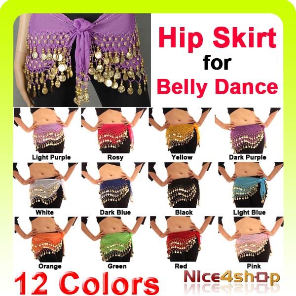 New Belly Dance Hip Coin Belt Chiffon Skirt 12 Colors