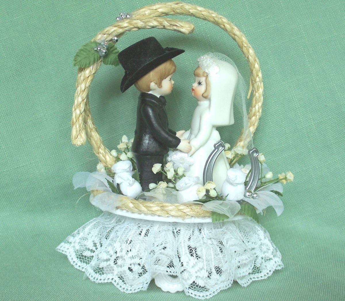  Cowboy Wedding Cake Topper w Young Bride Groom Rope Horseshoe