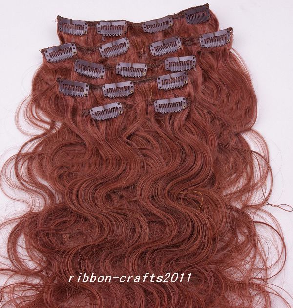  7pcs Wavy Clip in 100 Human Hair Extensions 70g 33 Dark Auburn