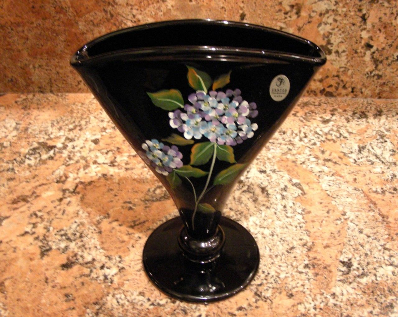 Fenton Fan Vase Blue Hydrangeas on Black 9550QB Save $$