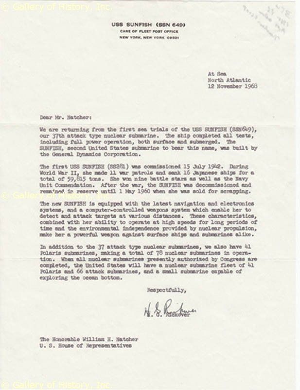 Hyman G Rickover Typed Letter Signed 11 12 1968