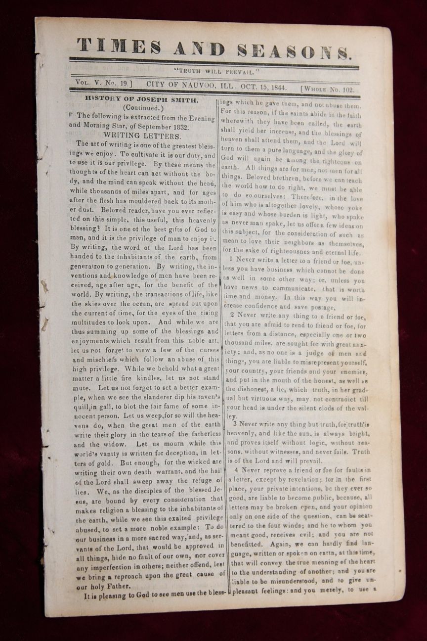 Exrare Nauvoo Newspaper 1844 Mormon Nauvoo Gen Conference Temple