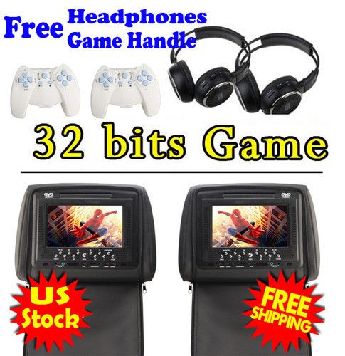 Black 2X 7 inch Car Headrest DVD Player Radio TV Monitor Headphones