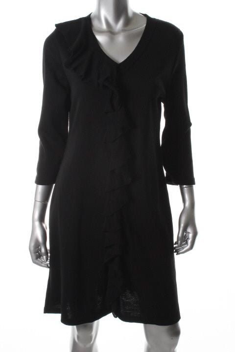 Lennie for Nina Leonard New Black V Neck Ruffled Front Wear to Work