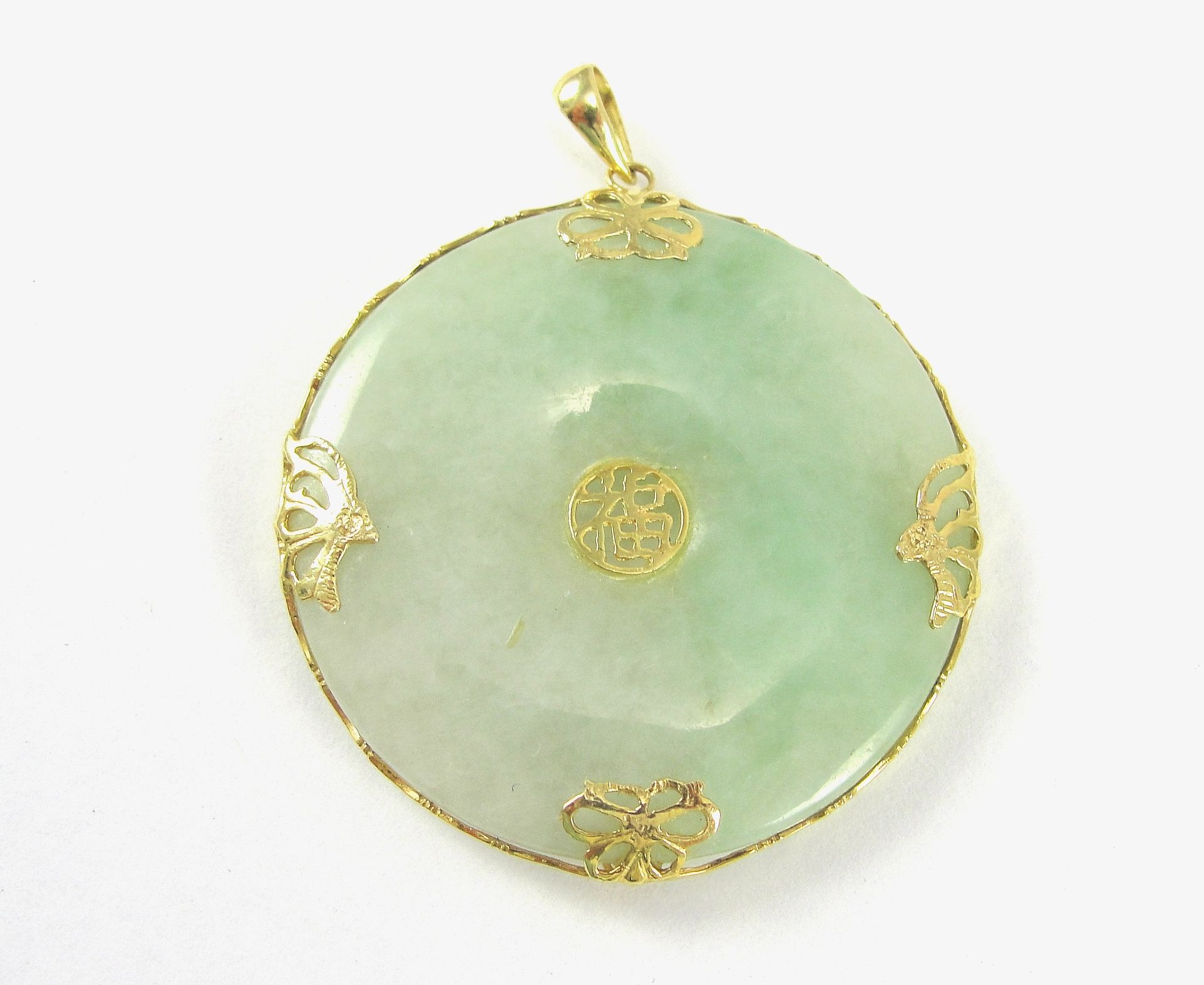 14K Yellow Gold Jade Pendant Snowflake Jade Chinese Character 1 3/4