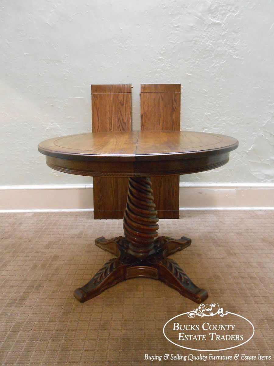 Jamestown Lounge Feudal Oak Carved Pedestal Base Dining Table