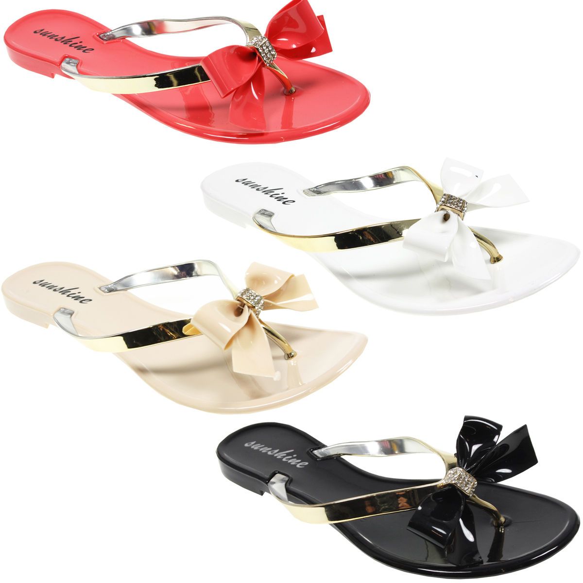 Womens Ladies Fashion Jelly Metallic Diamonte Bow Flip Flop Summer