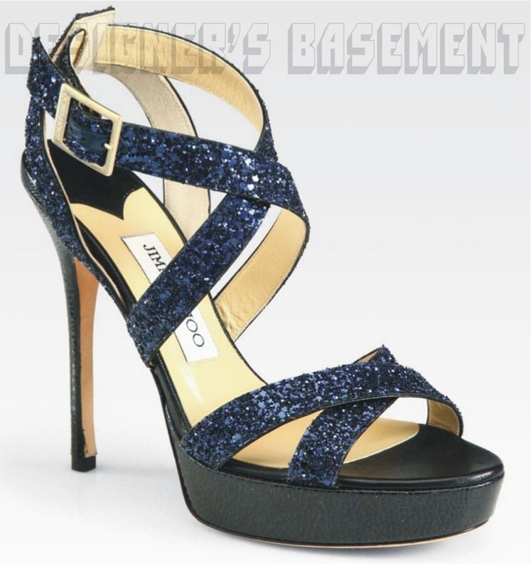 JIMMY CHOO navy 40 GLITTER Leather VAMP Platform strappy sandals NIB