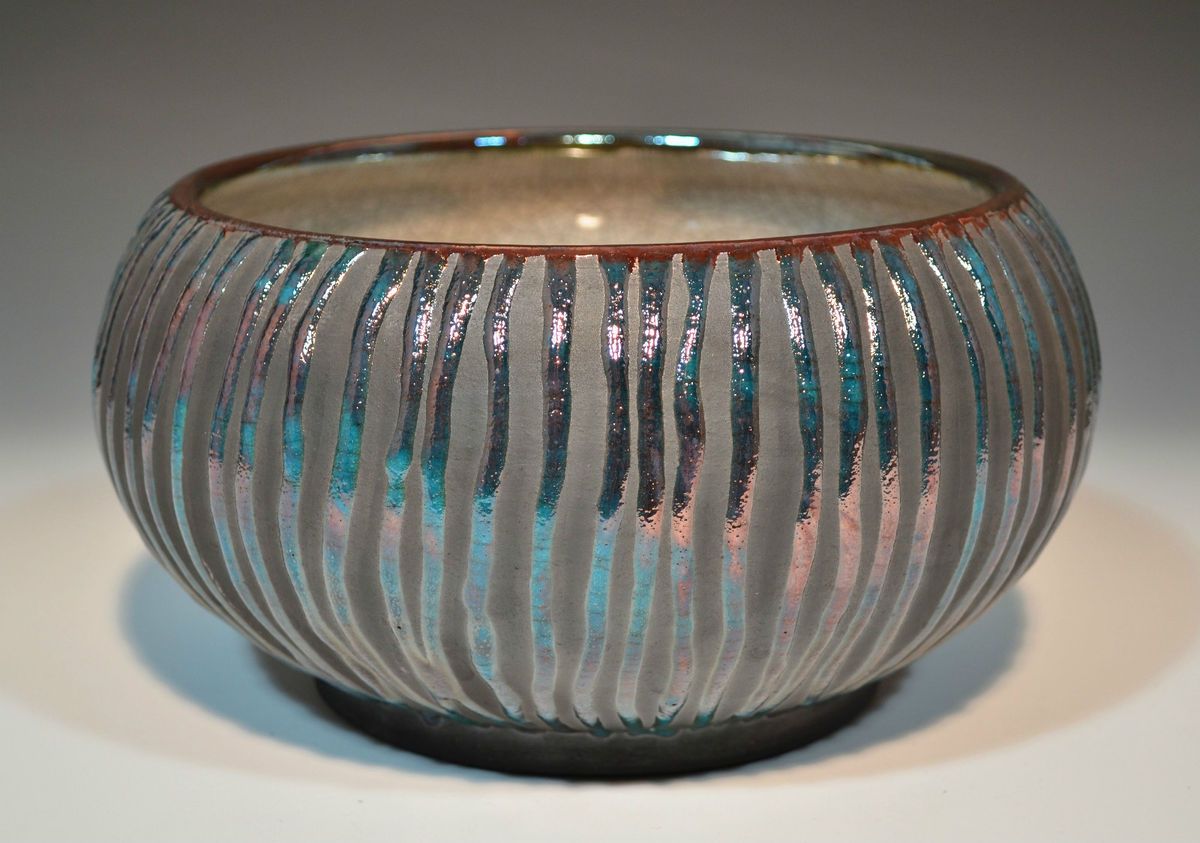 Contemporary Fine Art Raku Bowl w Stripes by John Turner  