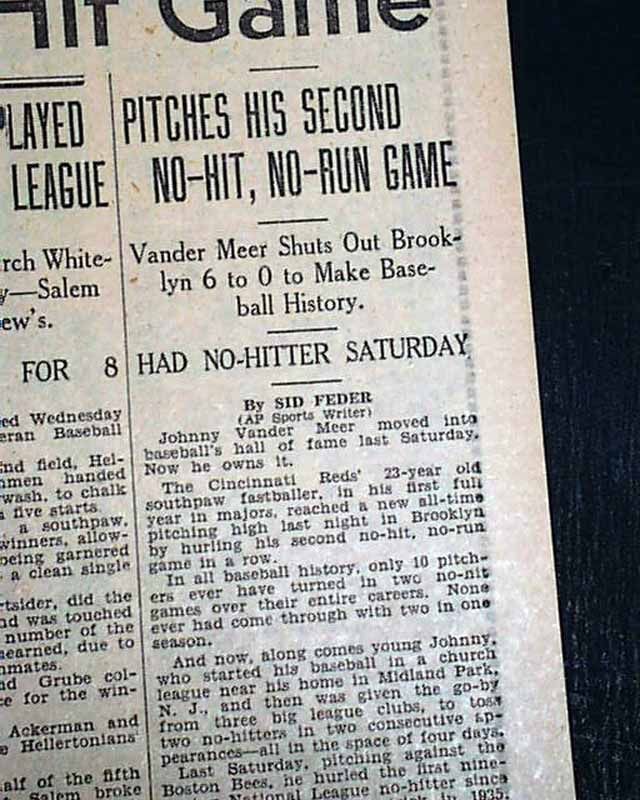 Johnny Vander Meer 2nd No Hitter in Row Cincinnati Reds Baseball 1938 Newspaper  