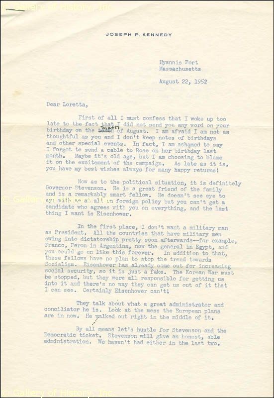 Joseph P Kennedy SR Typed Letter Signed 08 22 1952  