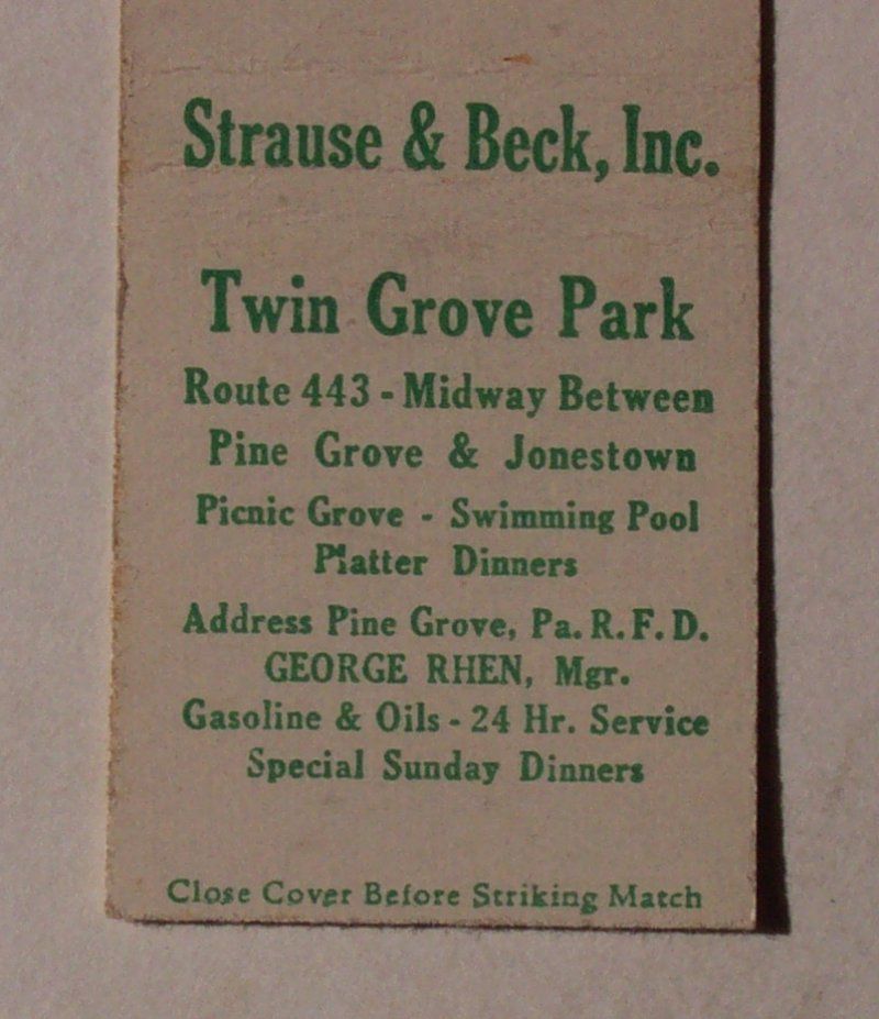 1940s Matchbook Twin Grove Park Jonestown Pine Grove PA  