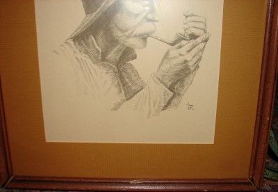 Vintage Man w Pipe Pencil Signed Joni Eareckson Self Taught Artist  