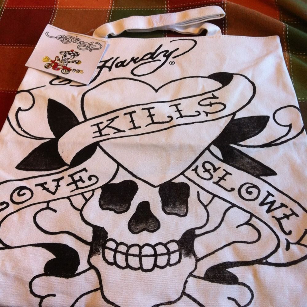 Ed Hardy Love Kills Slowly White Tote Bag New