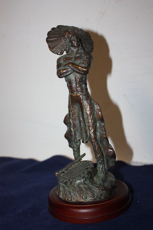 Vntg Bronze Indian Figurine Signed Kim B 1985 Wood Base