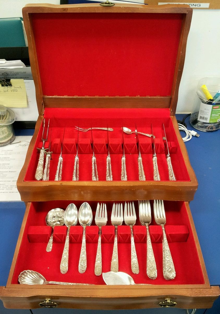 KIRK SON STERLING SILVER FLATWARE SET REPOUSSE 925 39 PCS 1828 8 gm