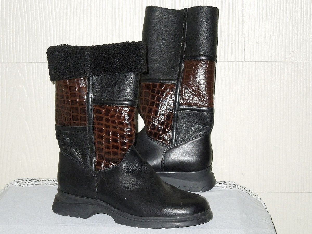 La Canadienne Black Leather Shearling Boot Brown Patent Crocodile 10