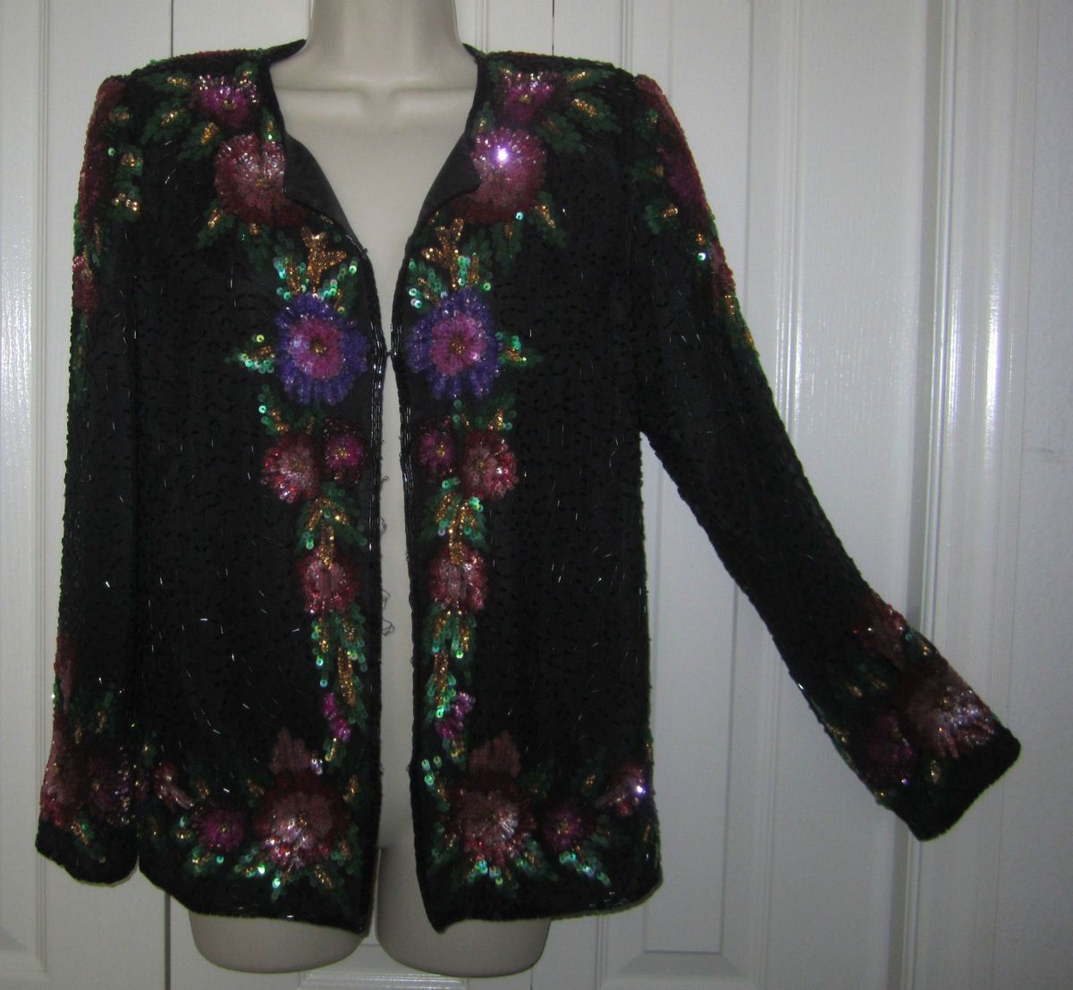  LAURENCE KAZAR 80s BLACK BEADED SEQUIN HIPPIE TROPHY JACKET TOP M