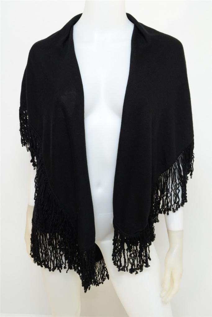 Laurie B s M Poncho Vest Cape Shawl Top Black Knit Fringe Cotton