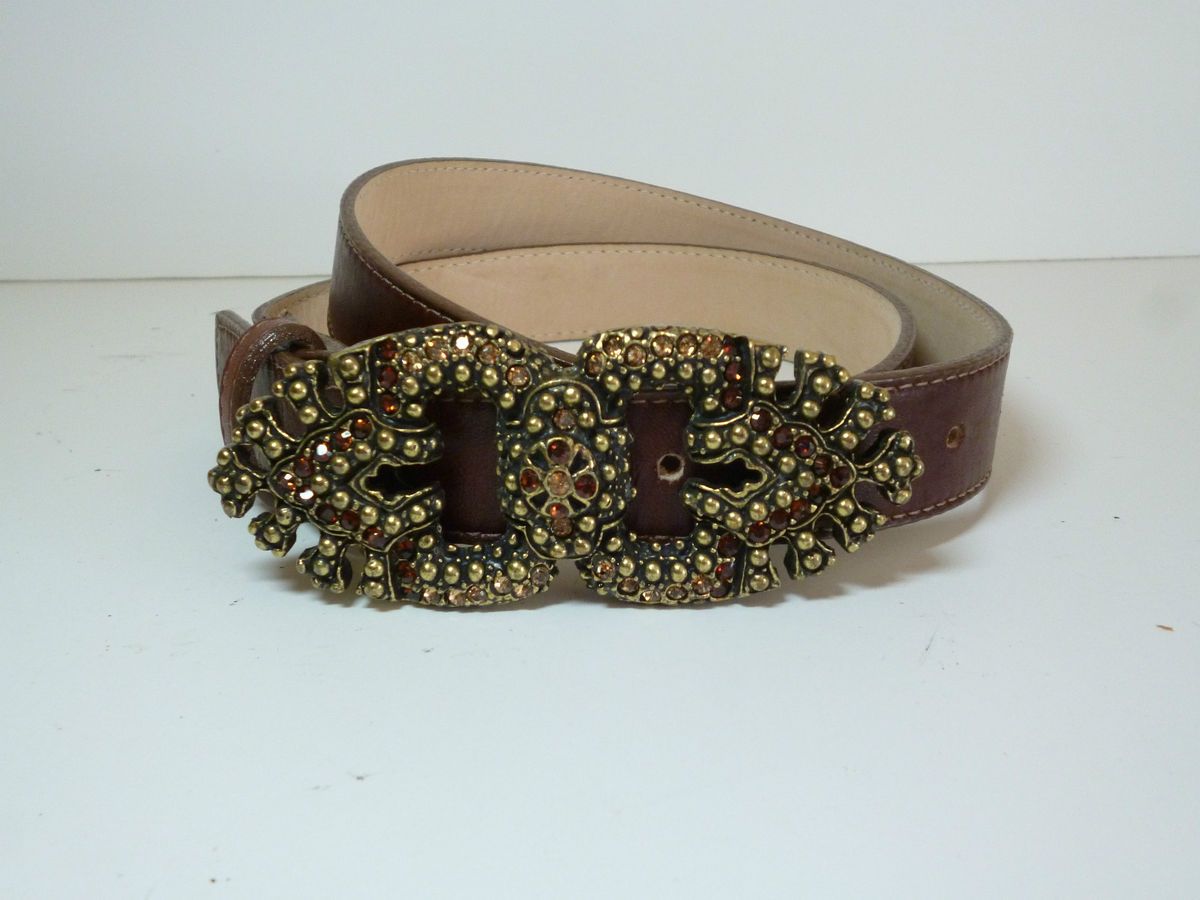 NWOT   LEATHEROCK USA BROWN LEATHER CRYSTAL BUCKLE BELT 7614 WOMENS M