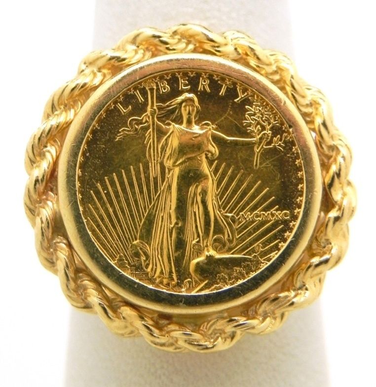 Beautiful Ladies 14k Yellow Gold Liberty Coin Rope Bezel Ring