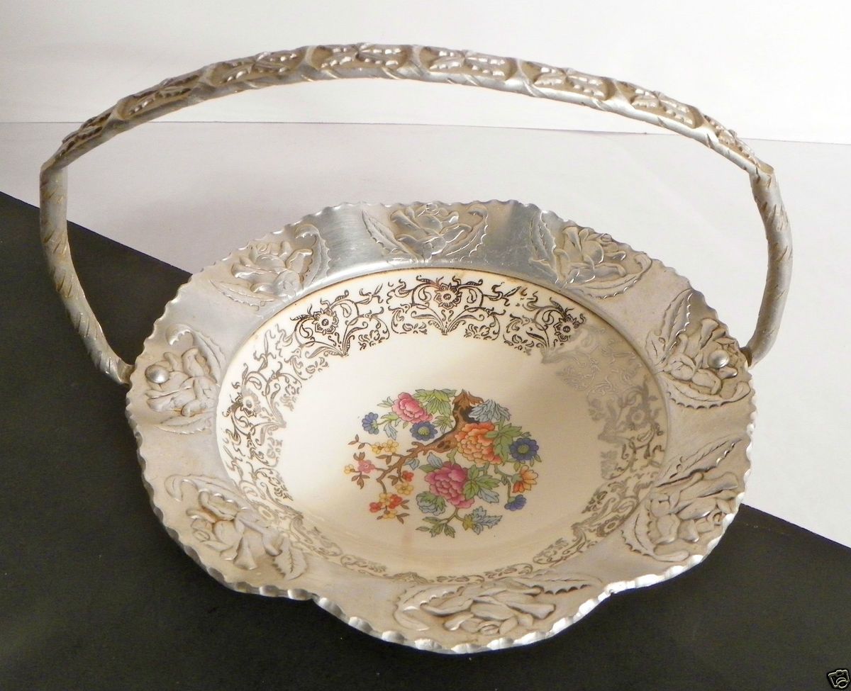 Aluminum Brides Basket Porcelain Hand Bowl Vintage Farber Shlevin