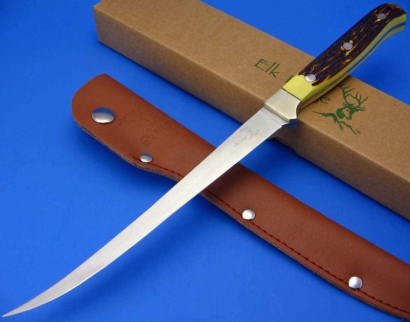 New Elk Ridge Bone Handle Fillet Knife in Box with Leather Sheath