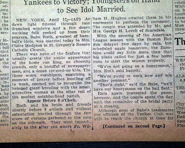 Babe Ruth Claire Hodgson Wedding Yankees 1929 Newspaper