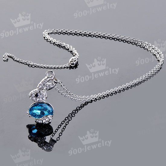 Little Rabbit Faceted Rhinestone Chain Pendant Necklace Lake Blue