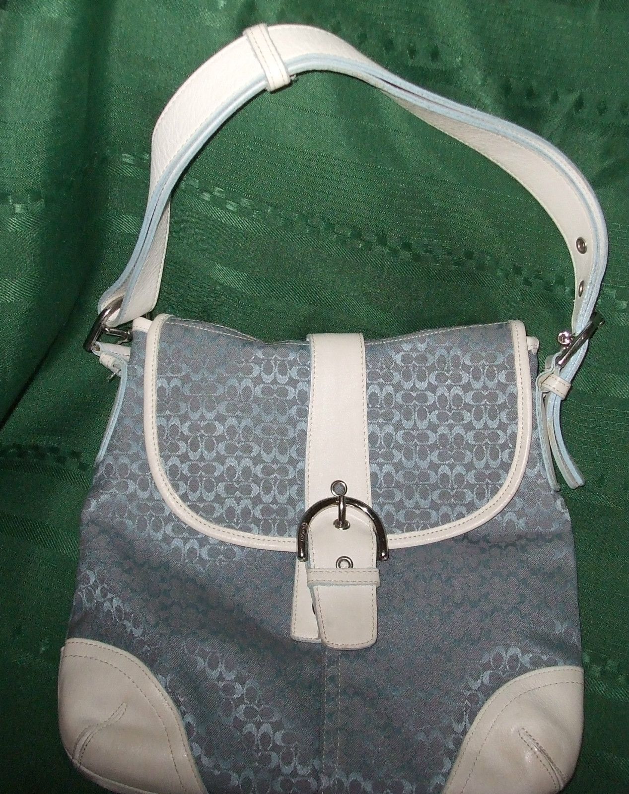 Baby Blue Khaki Leather 11x12 Coach Purse Adj Strap Tags Chrom