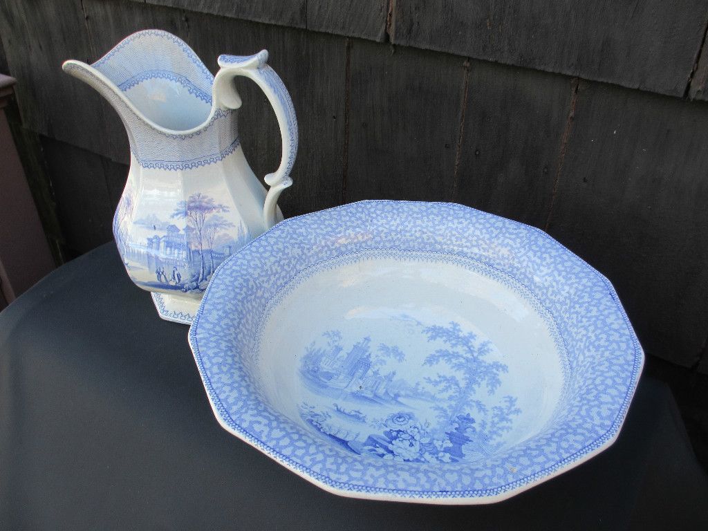 Century Wash Pitcher Bowl Blue White Ironstone China Longport