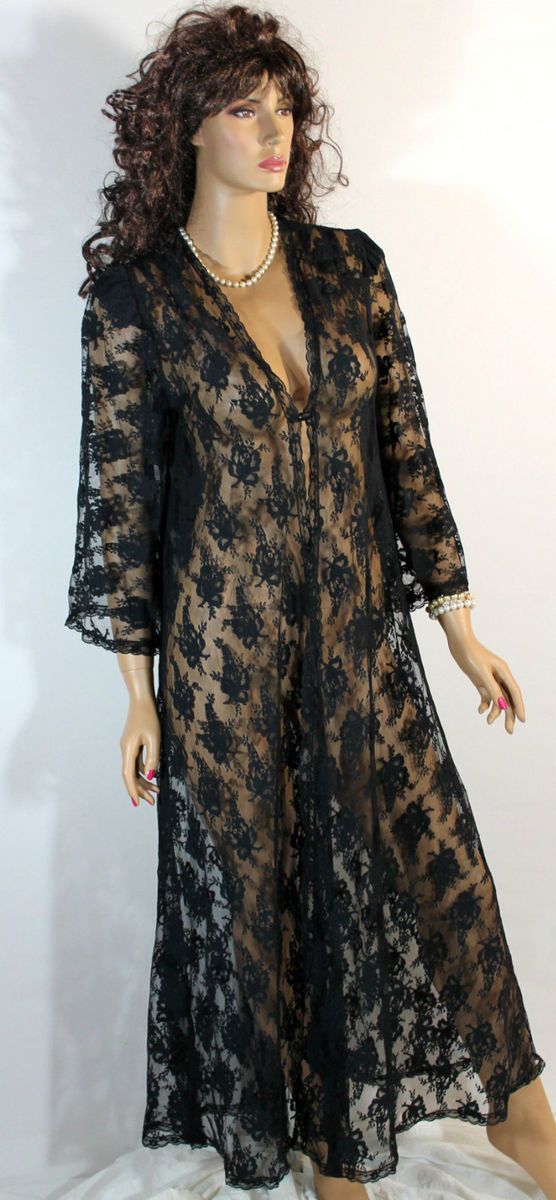 VINTAGE LUCIE ANN EXQUISITE LONG FLORAL BLACK LACE PEIGNOIR ROBE SIZE