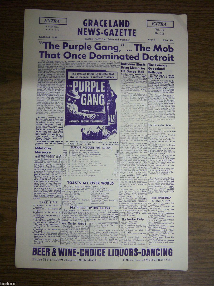 GRACELAND BALLROOM THE PURPLE GANG DETROIT, LUPTON, MICHIGAN NEWSPAPER ...