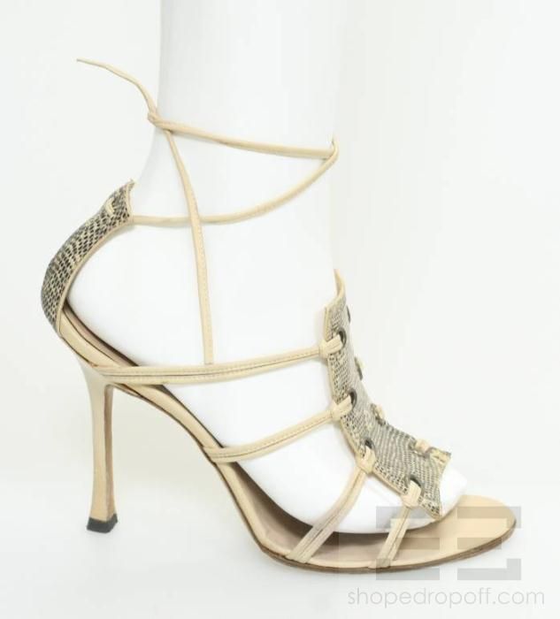 Manolo Blahnik Beige & Black Monitor Ring Lizard Ankle Wrap Heels Size