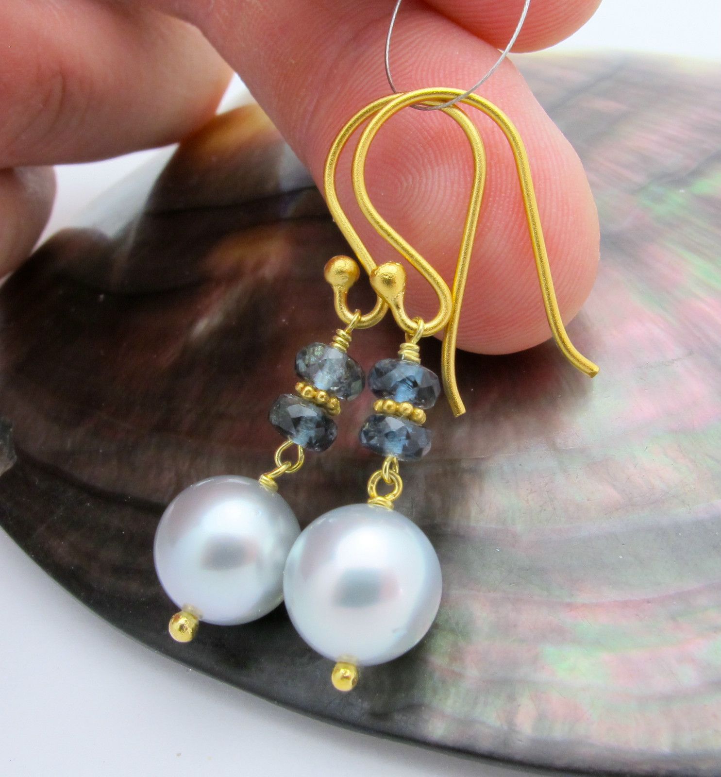 VERMEIL RARE SILVER TAHITIAN PEARL & SANTA MARIA AQUAMARINE EARRINGS