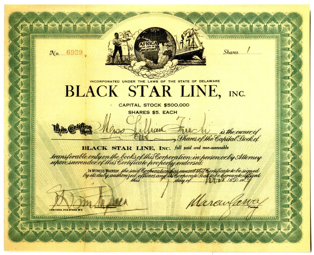 Star Line Stock Cert Signed by Marcus Garvey Reprint Orig Avail