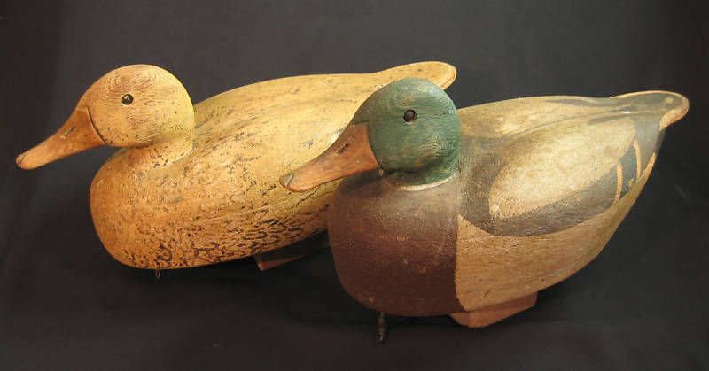 Nice Pair of Mallard Cedar Block Hollow Decoys 1920